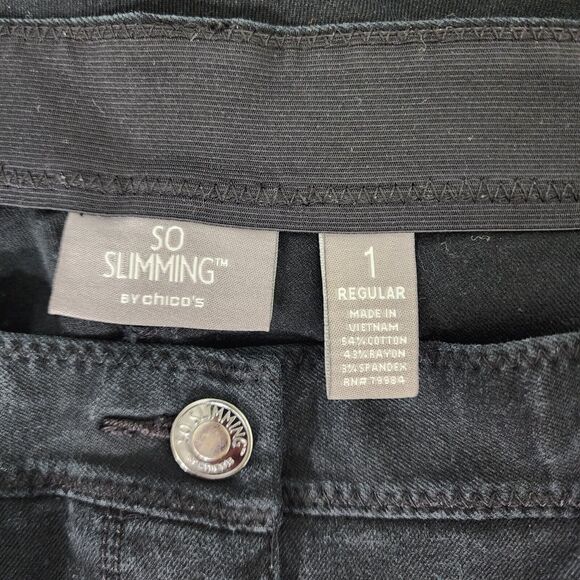 Chico's So Slimming Women Jean Sz 1 Medium 8 Stretch Black Denim Skinny Mid Rise - Picture 7 of 8